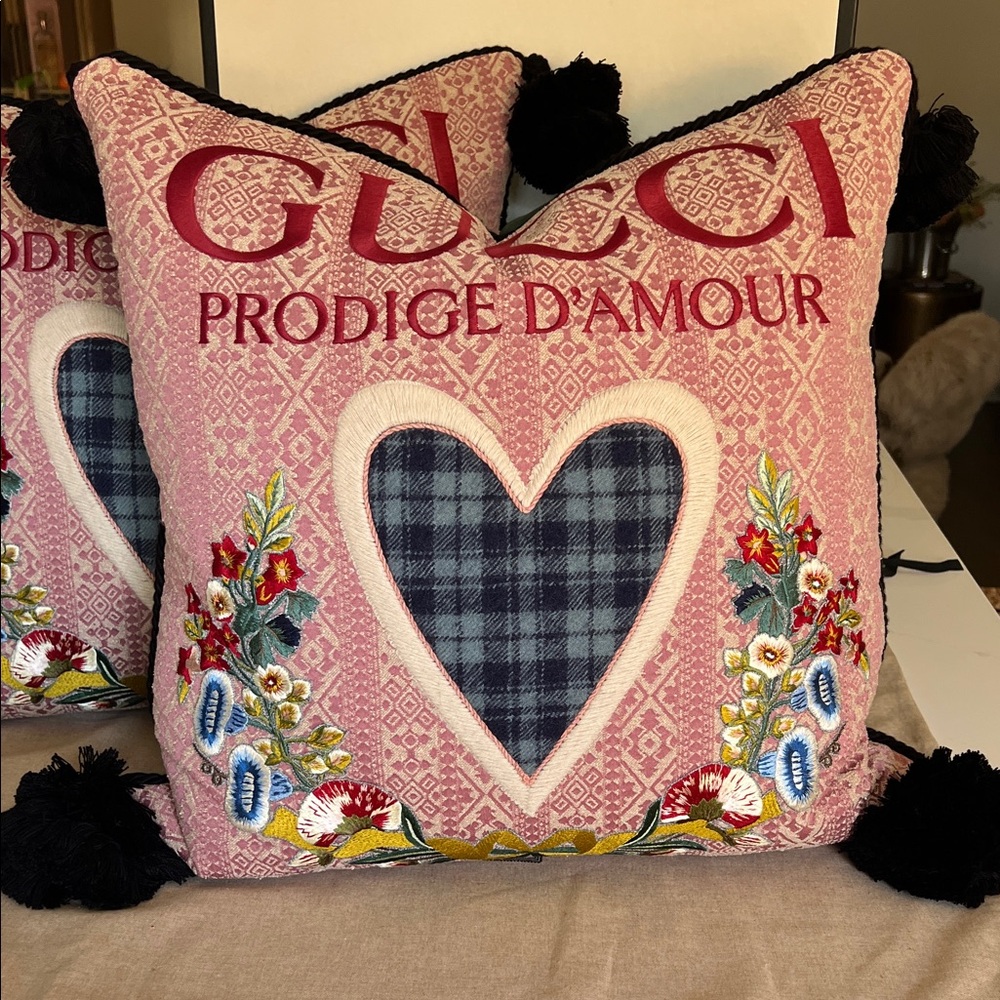 Gucci Pink Accent Pillow with Heart and Floral Design